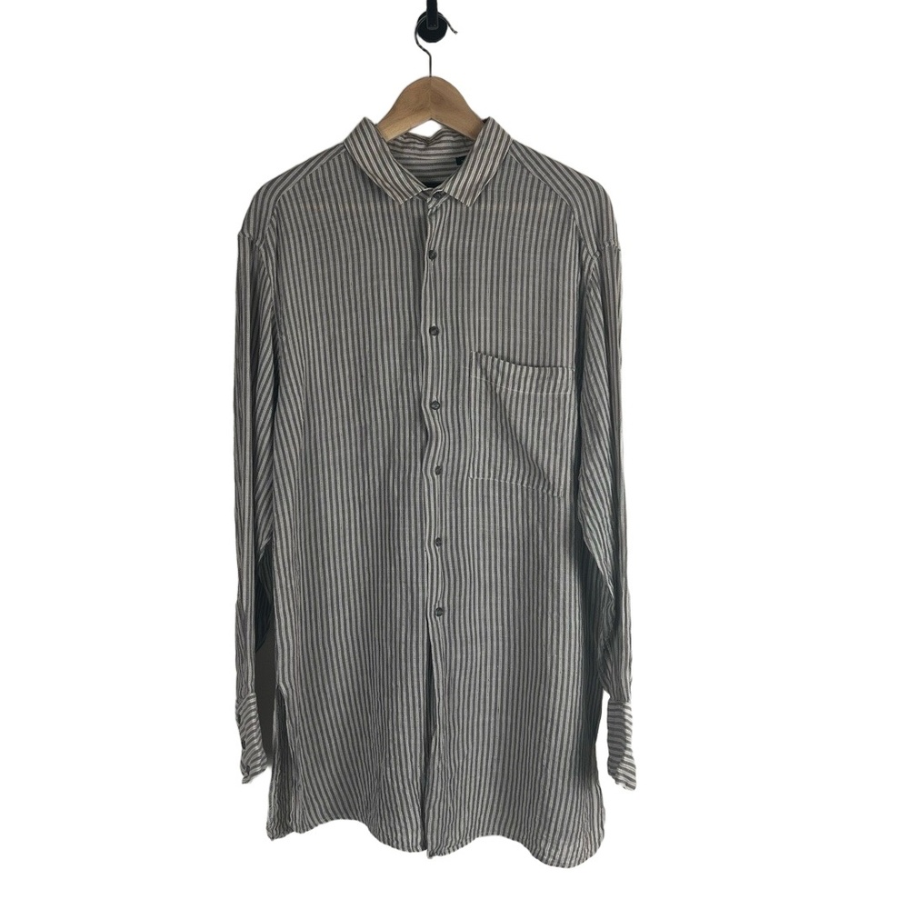Donna Karan Black Label Mens Medium Linen Button Up Gray Cream Striped Classic‎